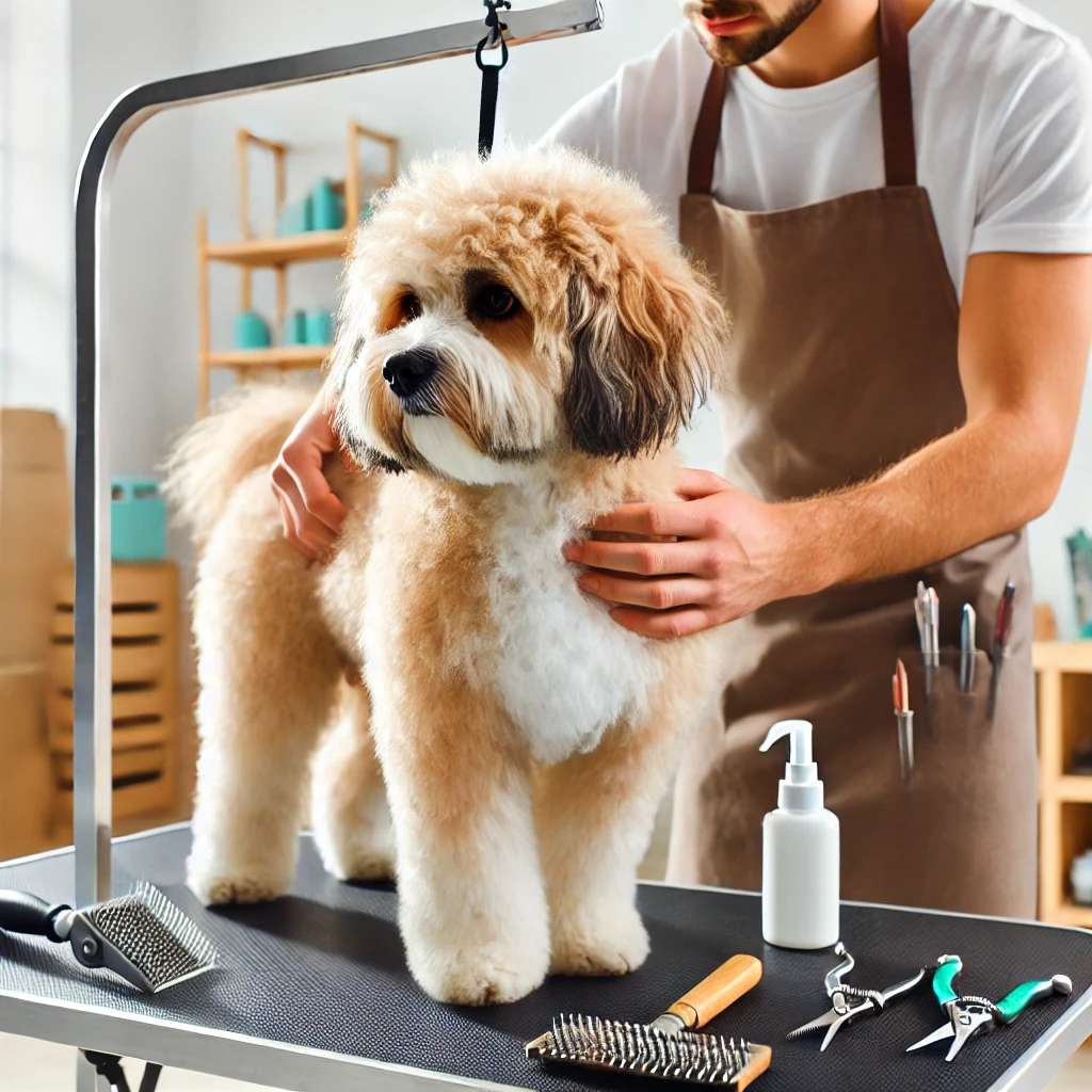 DALL·E 2024 10 06 10.41.52 A Pet Grooming Scene With A Professional Groomer Carefully Trimming And Cleaning A Dog. The Dog Is Standing On A Grooming Table, Looking Relaxed. Vari