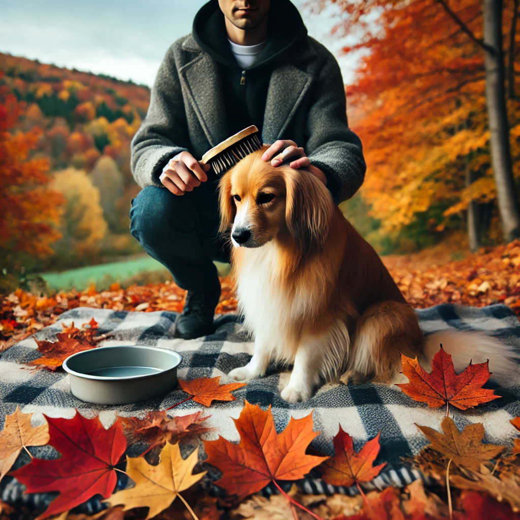 DALL·E 2024 10 06 10.36.48 A Scene Of Autumn Dog Care. A Person Gently Brushing A Dog’S Fur, With Fallen Colorful Leaves On The Ground. The Background Shows Trees With Autumn Fo